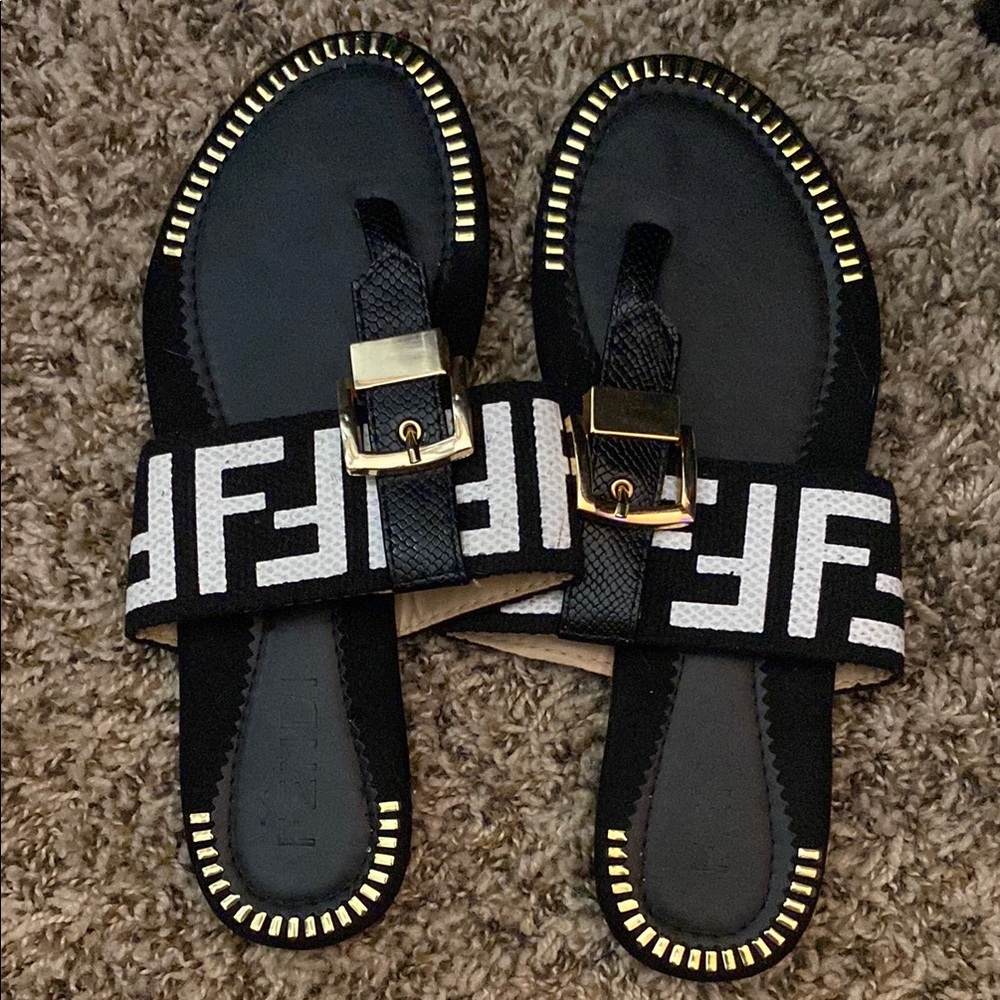 Fendi Black and White Designer Sandals with Geometric Strap